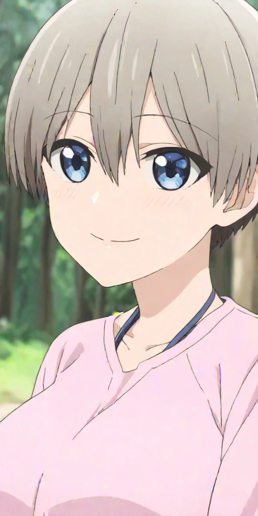 uzakichan, short light hair, blue eyes smiling, white shirt, pink panties, standing, from below, at the beach, full body
