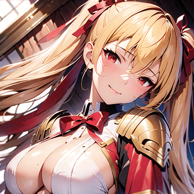 (masterpiece, best quality:1.2), 1girl, solo, blonde hair, long hair, twintails, red eyes, bangs between eyes, hair ribbon, red ribbon, large breast, upper body