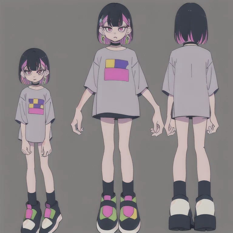 (obra maestra, Mejor calidad:1.2)(masterpiece, best quality:1.2), 1girl,Ane(zutomayo), solo, shirt, earrings, jewelry, simple background, grey shirt, full body, shoes, grey background, colored inner hair, socks, black hair, looking at viewer, black footwear, white socks, bangs, pink eyes, multicolored hair, pink hair, medium hair, arms at sides, standing, short sleeves, short hair, choker