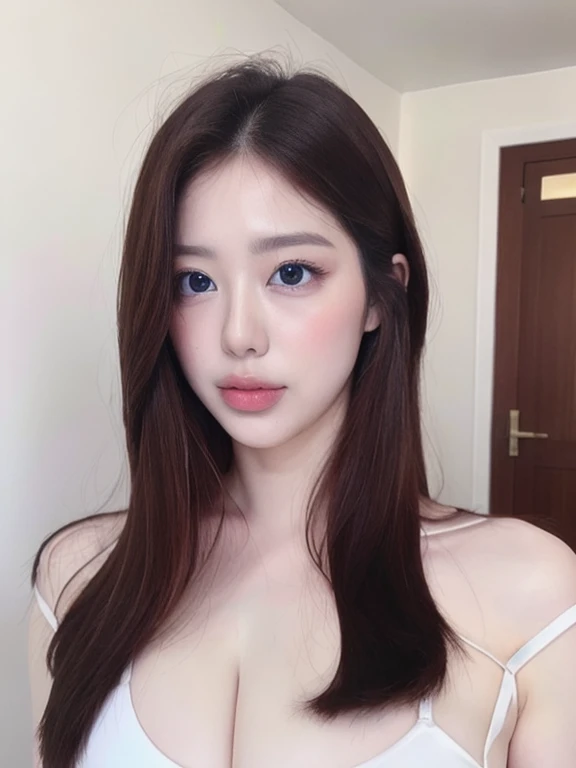 (realistic、masterpiece、Best Quality、8K、highres、high resolution:1.3)、1 girl、Huge breasts、white bikini、pale white skin、looking at viewers、super fine face and eyes、long hair、indoor、 upper body、