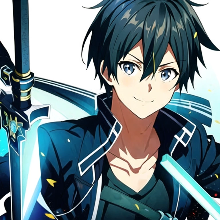 (masterpiece, best quality:1.2), High Definition, Anime-style, Kirito, Solo, 1boy, Smile, Black Hair, Black Clothing, Black Sword, Black Eyes, Grassland, Dual Wielding, Black Sword, Lilac Sword,