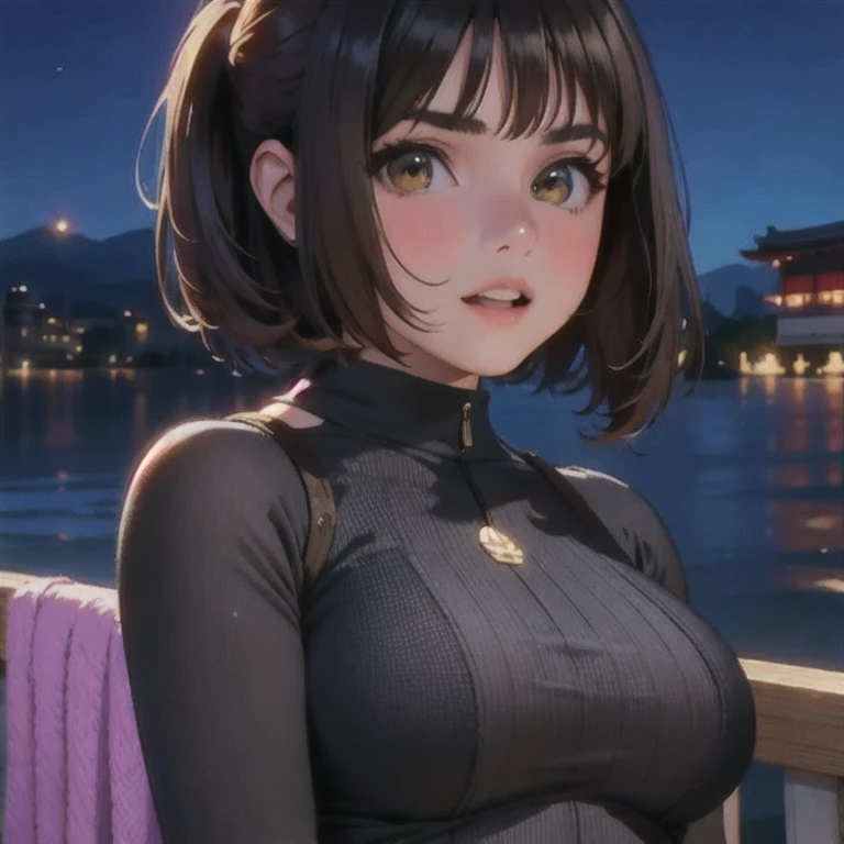 (masterpiece, best quality:1.2), Kinjyuiq,1girl, solo,dark-skinned female,brown hair,brown eyes,angry,1920 hairstyle,japanese clothe.Tight suit,medium_breast,japan city,perfect anatomy