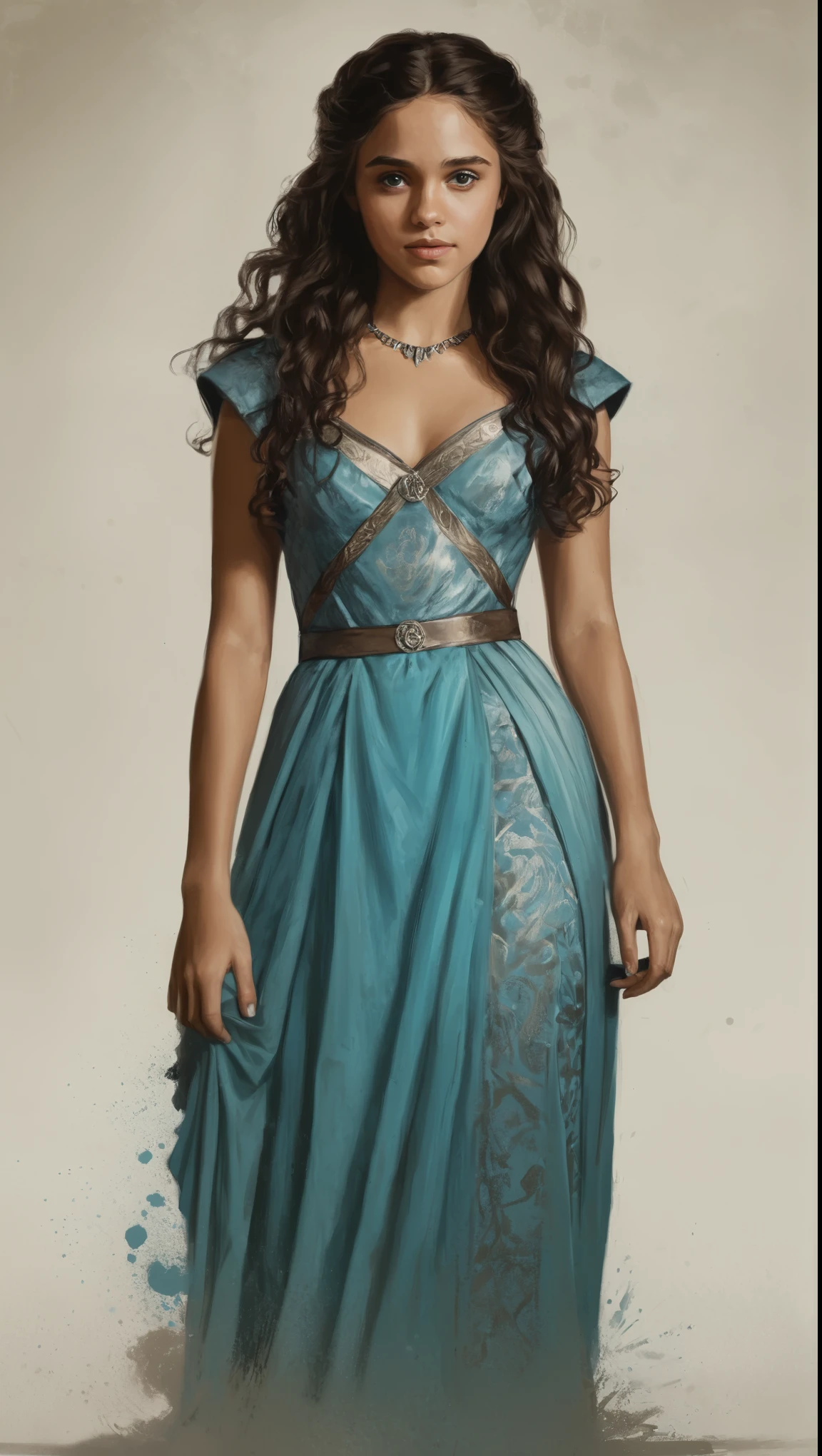 An illustrated movie poster, hand-drawn, full color, a Westerosi age girl, wearing a regal dress, warm brown complexion, aquamarine eyes, dark hair, long loose curls, waist-length hair, posing on a pedestal, hard shadows, graphite shading, stencil marks, airbrushed acrylic paint, masterpiece, in the style of Game of Thrones