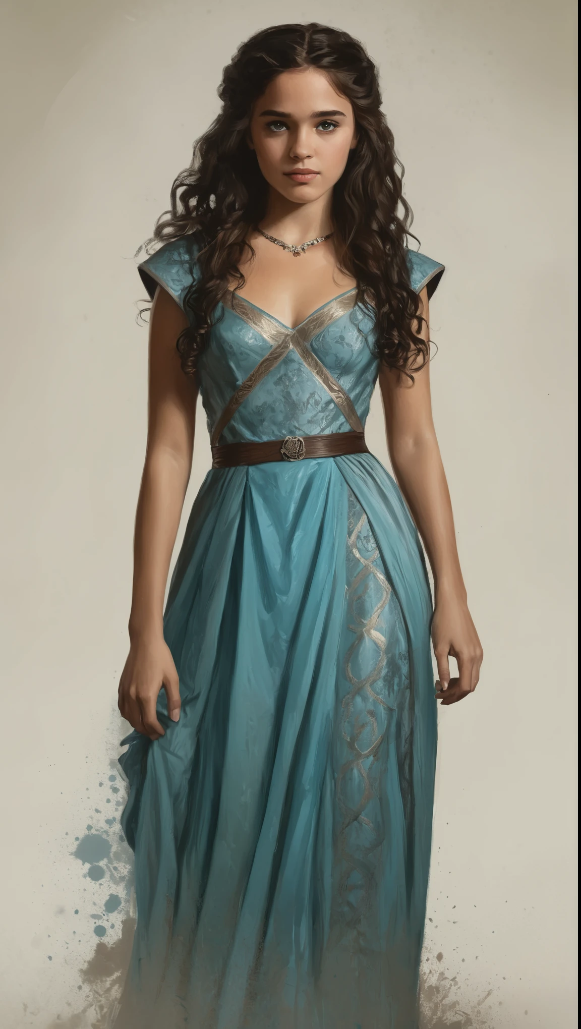 An illustrated movie poster, hand-drawn, full color, a Westerosi teenage girl, wearing a regal dress, warm brown complexion, aquamarine eyes, dark hair, long loose curls, waist-length hair, posing on a pedestal, hard shadows, graphite shading, stencil marks, airbrushed acrylic paint, masterpiece, in the style of Game of Thrones 