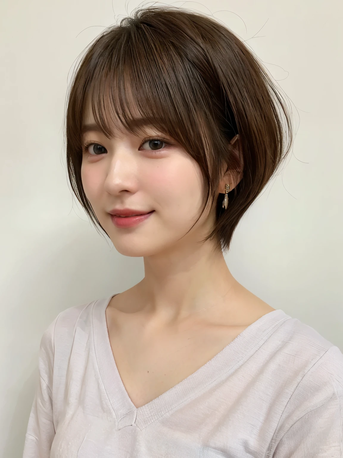 (highest quality、8K、32k、masterpiece、nffsw:1.2)、Photo of beautiful Japan woman in her 30s、very short hair、short hair、shortcut、Upper body、necklace、shot from above、don&#39;t look at the camera、(realistic、Photoreal:1.37)、1 girl、Photographed in natural light、Physically based rendering、excellent image quality、High resolution、1080p、(Detailed facial description)、(Detailed explanation of hands)、(Detailed CG)、Rich details、(exquisite features)、(best image quality)、(masterpiece)、(fine eyes)、delicate clavicle、Various poses、profile、white wall、Taken in front of the white door、(窓のあるwhite wallの部屋)、earrings、laughter、spring clothes、((long sleeve dress))、look down、face down