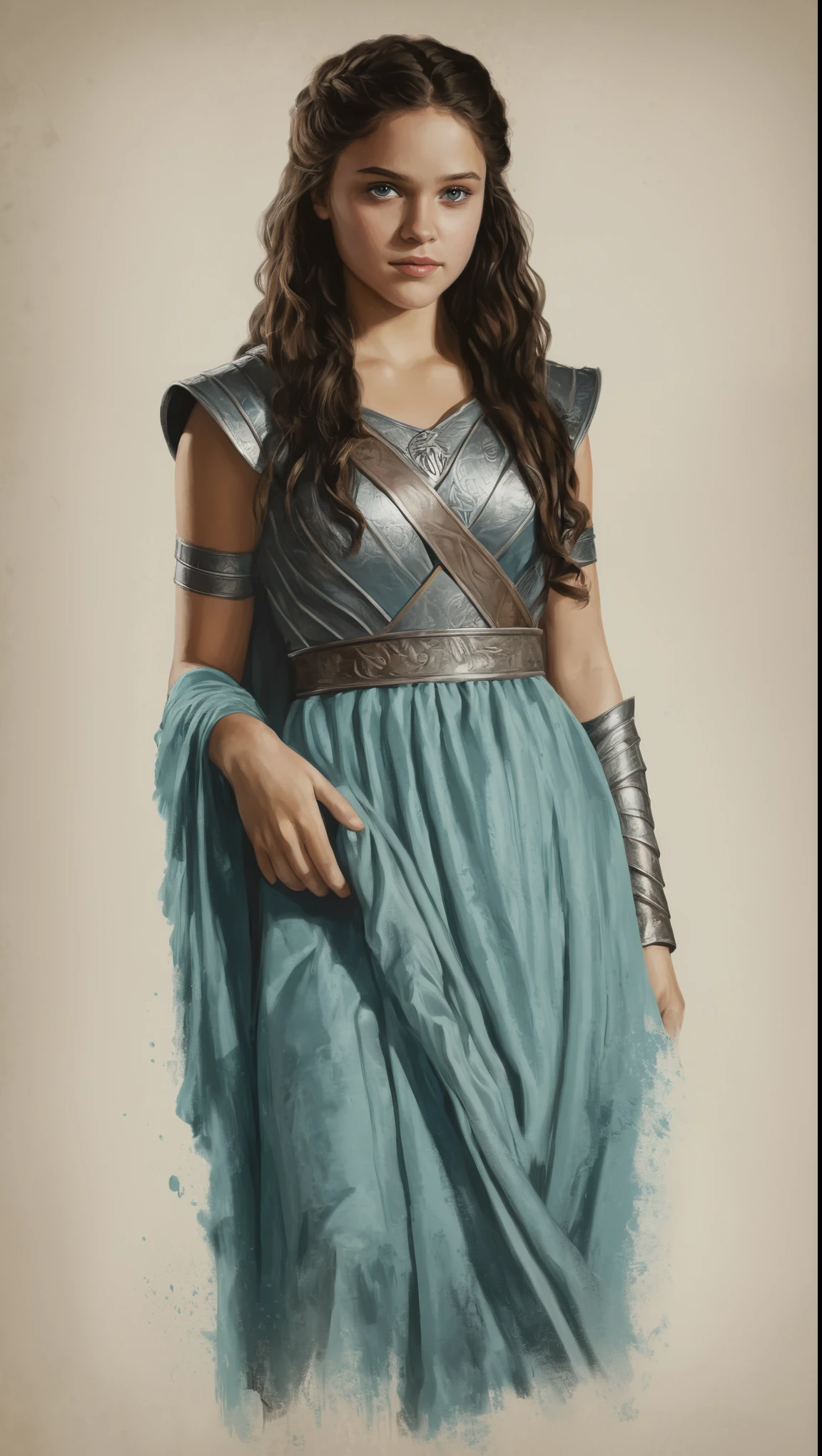 An illustrated movie poster, hand-drawn, full color, a Westerosi age girl, wearing a regal chiton, warm brown complexion, aquamarine eyes, dark hair, long loose curls, waist-length hair, posing on a pedestal, hard shadows, graphite shading, stencil marks, airbrushed acrylic paint, masterpiece, in the style of Game of Thrones 