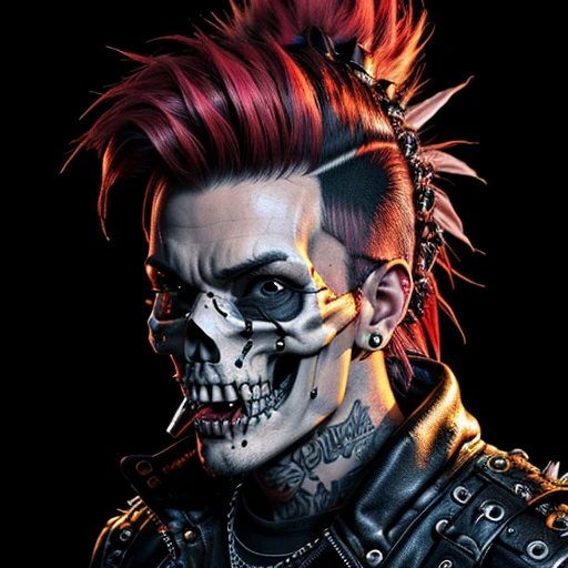 official art, unity 8k wallpaper, ultra detailed, aesthetically pleasing, High quality, masterpiece, best quality, Punk skull with red mohawk, 1man, wide open mouth, detailed teeth, empty eye sockets, black and white graphic style, high contrast, (best quality, 4k, 8k, high resolution, masterpiece:1.2), ultra-detailed, (realistic, photorealistic, photo-realistic:1.37), HDR, UHD, sharp focus, bold lines, (punk, rebellious, aggressive:1.2), cool color tones,