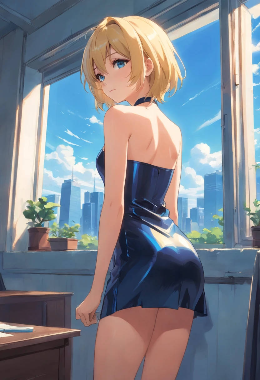 Blonde woman , pelo corto, ojos azules, de pie frente a una ventana ((cuerpo entero)) with short strapless black latex dress, botas altas, piso mojadsonriendo