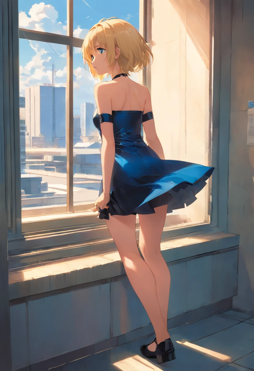 Blonde woman 17 years old, pelo corto, ojos azules, de pie frente a una ventana ((cuerpo entero)) with short strapless black latex dress, botas altas, piso mojadsonriendo