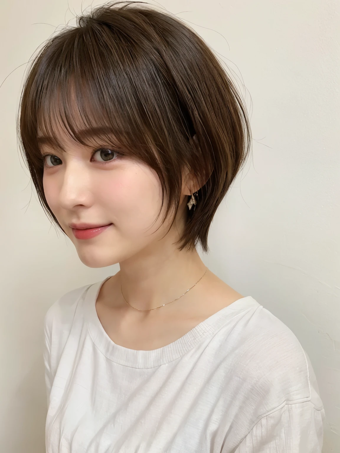 (highest quality、8K、32k、masterpiece、nffsw:1.2)、Photo of beautiful Japan woman in her 30s、very short hair、short hair、shortcut、Upper body、necklace、shot from above、don&#39;t look at the camera、(realistic、Photoreal:1.37)、1 girl、Photographed in natural light、Physically based rendering、excellent image quality、High resolution、1080p、(Detailed facial description)、(Detailed explanation of hands)、(Detailed CG)、Rich details、(exquisite features)、(best image quality)、(masterpiece)、(fine eyes)、delicate clavicle、Various poses、profile、white wall、Taken in front of the white door、(窓のあるwhite wallの部屋)、earrings、laughter、spring clothes、((long sleeve dress))、look down、face down