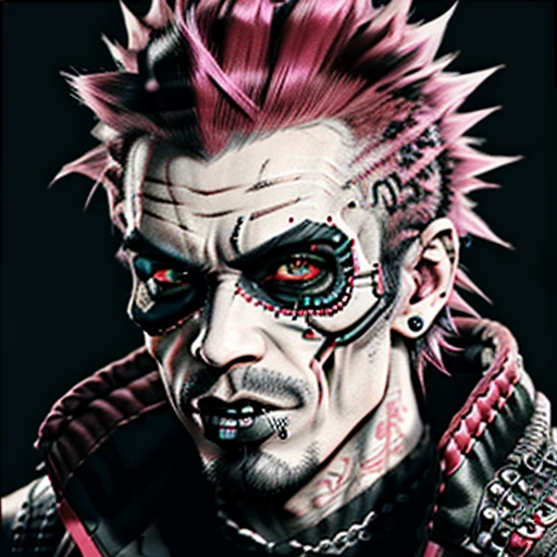 official art, unity 8k wallpaper, ultra detailed, aesthetically pleasing, High quality, masterpiece, best quality, Punk skull with red mohawk, 1man, wide open mouth, detailed teeth, empty eye sockets, black and white graphic style, high contrast, (best quality, 4k, 8k, high resolution, masterpiece:1.2), ultra-detailed, (realistic, photorealistic, photo-realistic:1.37), HDR, UHD, sharp focus, bold lines, (punk, rebellious, aggressive:1.2), cool color tones,