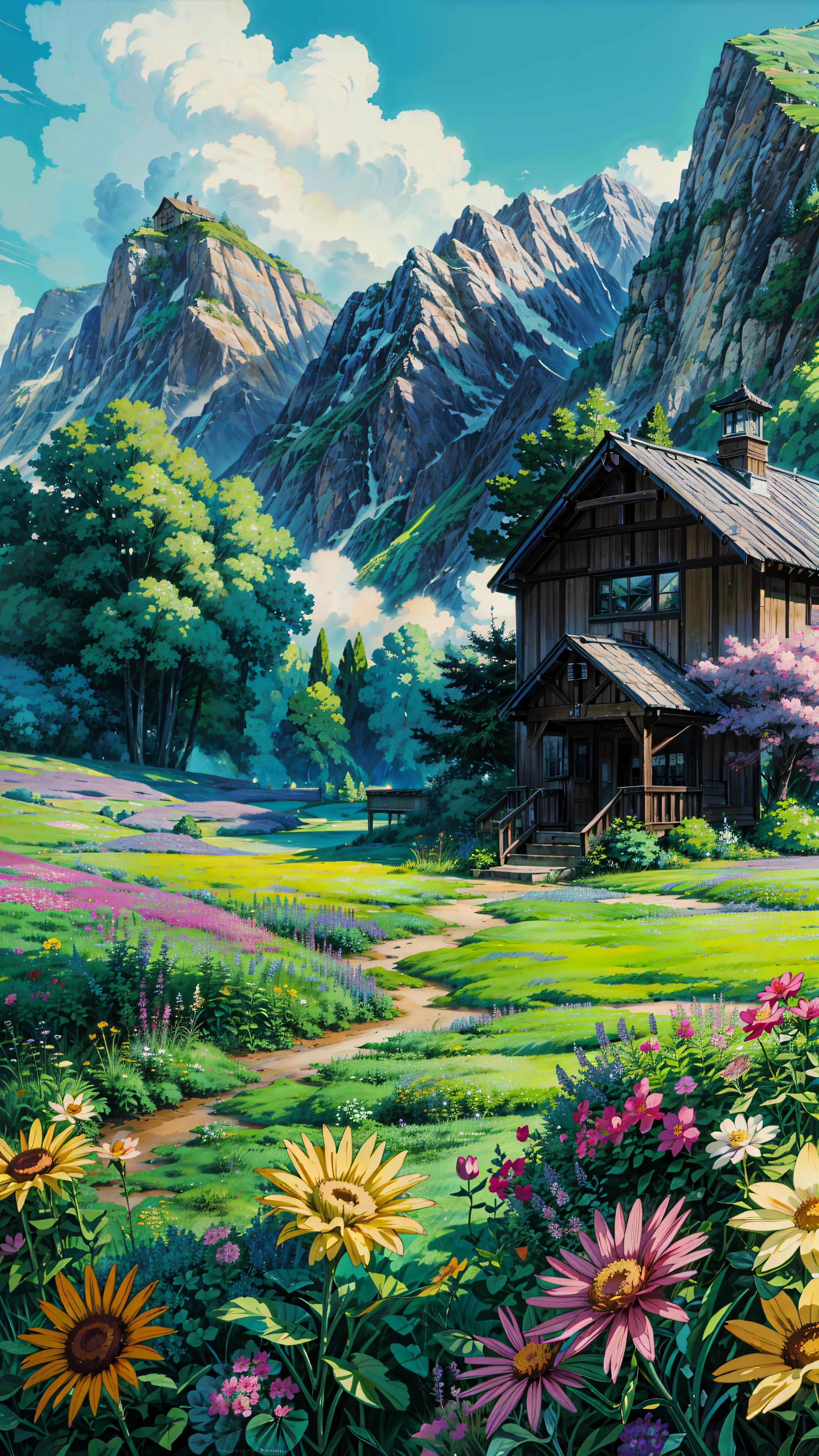 a painting of a house in a field of flowers, anime beautiful peace scene, background of flowery hill, anime nature wallpap, studio ghibli environment, anime. by makoto shinkai, anime nature, by makoto shinkai, by Makoto Shinkai, anime scenery, anime landscape, beautiful anime scene, colorful anime movie background, anime background art, 4k hd,, beautiful art uhd 4 k, a beautiful artwork illustration, beautiful digital painting, highly detailed digital painting, beautiful digital artwork, detailed painting 4 k, very detailed digital painting, rich picturesque colors, gorgeous digital painting