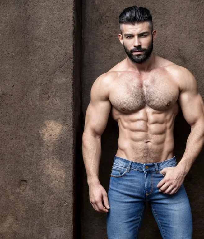 male, vaquero musculoso, rostro, realista, foto cuerpo completo con jeans, barba corta. Melendi