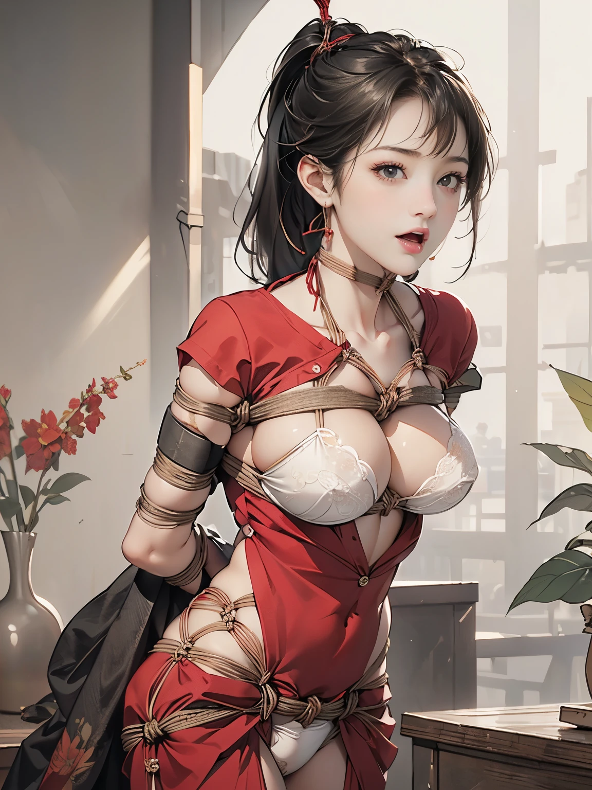 ((((highest quality))))、(((Ultra-precision CG16K wallpaper)))、(((masterpiece)))、(((Super detailed)))、(((super extreme details)))、((１people&#39;s women))、mature woman、24 year old woman、(((clarity、detailed face:1.6)))、((Japanese face))、((very beautiful face))、((Mai Shiraishi:1.5))、((straight long ponytail hair、blunt bangs:1.5))、(shiny brown hair)、((Big eyes with double eyelids))、beautiful delicate eyes、brown eyes、raised eyebrows、high nose、small nostrils、small mouth、seductive lips、beautiful breasts、((C cup size breasts))、cleavage、plump body、(Chubby body type)、perfect proportions、perfect anatomy、perfect composition、beautiful detailed shading、beautiful natural lighting、beautiful detail glow、Depth of the bounds written、(((High chroma)))、(((real:1.9)))、((vivid:1.5))、((edge:1.6))、((beautiful skin))、((skin texture))、((realな皮膚感))、(((cowboy shot:1.6)))、((Front view:1.8))、((Surprised face with open mouth:1.3))、(Eyes looking at me:1.5)、Bright daylight、Natural light、(((Decaying ruins:1.5)))、(standing pose:1.5)、(((Lace Bikini Lingerie_White clothing:1.6)))、((earrings、wearing necklace:1.3))、(((A woman is tied by her wrists and hung from the ceiling、bondage:1.8)))、