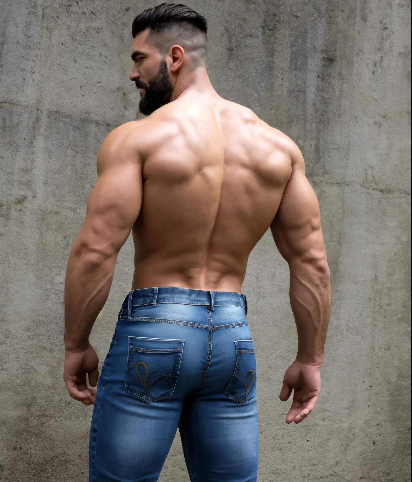 male, vaquero musculoso, rostro, realista, foto cuerpo completo con jeans, barba corta. Melendi backside