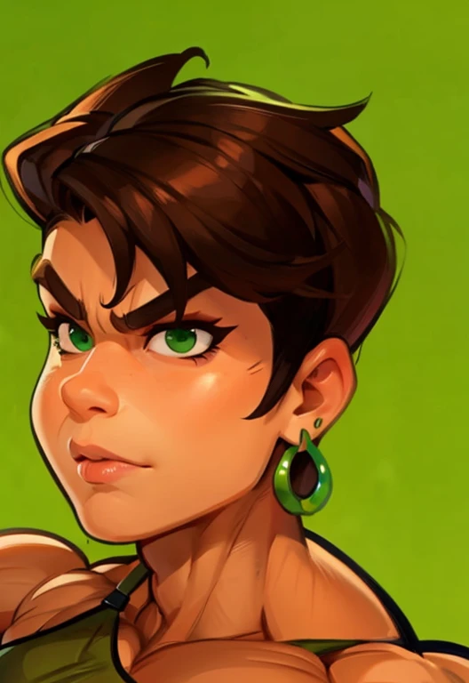 muscle woman with brunette hair wearing green bikini flexing massive muscles, most muscular pose, woman with huge muscles, mature woman, stern expression, green eyes, angry expression