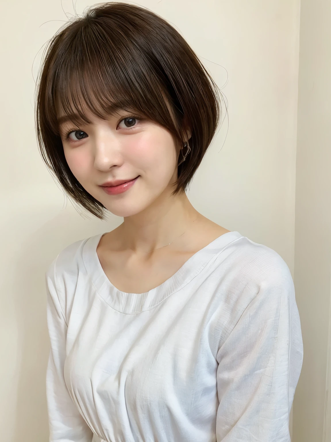 (highest quality、8K、32k、masterpiece、nffsw:1.2)、Photo of beautiful Japan woman in her 30s、very short hair、short hair、shortcut、Upper body、necklace、shot from above、don&#39;t look at the camera、(realistic、Photoreal:1.37)、1 girl、Photographed in natural light、Physically based rendering、excellent image quality、High resolution、1080p、(Detailed facial description)、(Detailed explanation of hands)、(Detailed CG)、Rich details、(exquisite features)、(best image quality)、(masterpiece)、(fine eyes)、delicate clavicle、Various poses、profile、white wall、Taken in front of the white door、(窓のあるwhite wallの部屋)、earrings、laughter、spring clothes、((long sleeve dress))、look down、face down