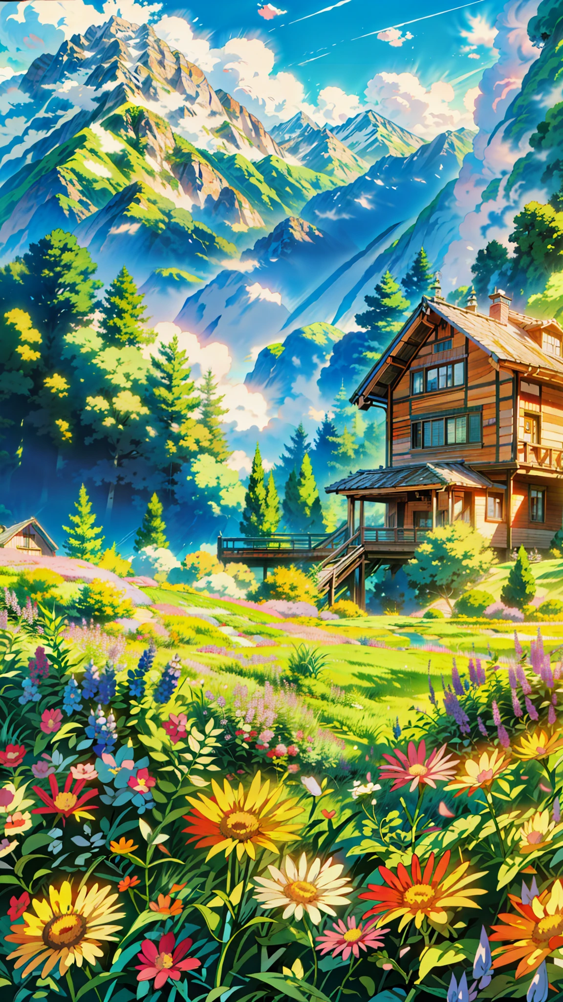 a painting of a house in a field of flowers, anime beautiful peace scene, background of flowery hill, anime nature wallpap, studio ghibli environment, anime. by makoto shinkai, anime nature, by makoto shinkai, by Makoto Shinkai, anime scenery, anime landscape, beautiful anime scene, colorful anime movie background, anime background art, 4k hd,, beautiful art uhd 4 k, a beautiful artwork illustration, beautiful digital painting, highly detailed digital painting, beautiful digital artwork, detailed painting 4 k, very detailed digital painting, rich picturesque colors, gorgeous digital painting