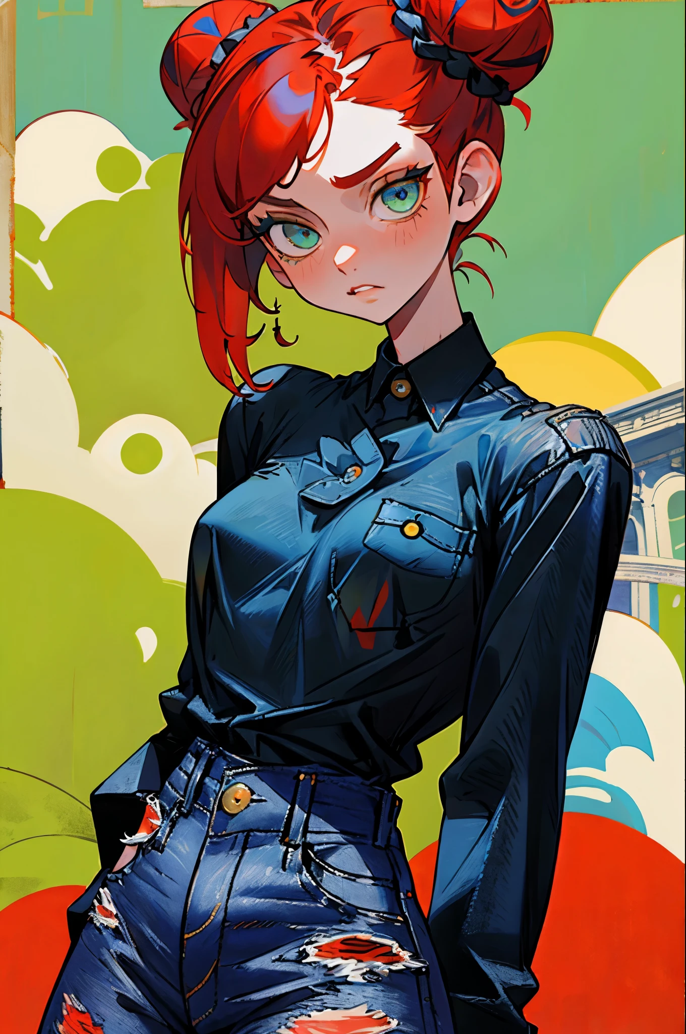 ((red hair)), green eyes, half bun hair, bust, ((curious look)), ((masterpiece)), ((detailed)), ((black shirt)), ((blue jeans)), ((best quality)), ((outside)), small breasts, ((bright)), (pretty eyes), looking at viewer
