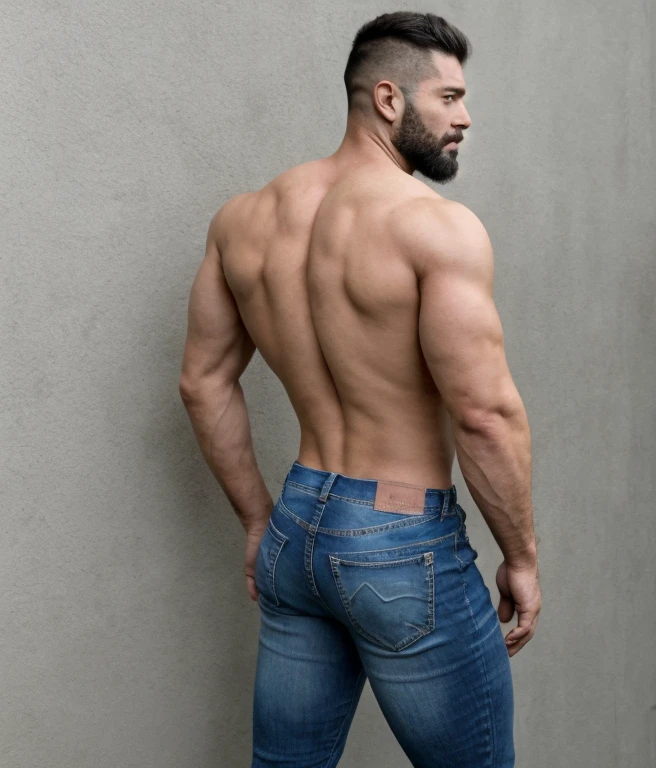  male, vaquero musculoso,  rostro, realista, foto cuerpo completo con jeans, barba corta. Melendi backside