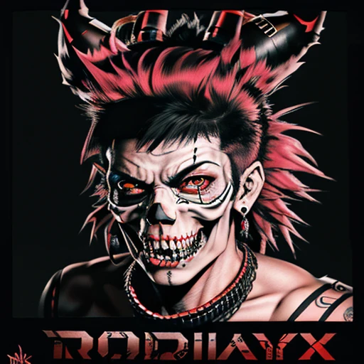official art, unity 8k wallpaper, ultra detailed, aesthetically pleasing, High quality, masterpiece, best quality, Punk skull with red mohawk, 1man, wide open mouth, detailed teeth, empty eye sockets, black and white graphic style, high contrast, (best quality, 4k, 8k, high resolution, masterpiece:1.2), ultra-detailed, (realistic, photorealistic, photo-realistic:1.37), HDR, UHD, sharp focus, bold lines, (punk, rebellious, aggressive:1.2), cool color tones,