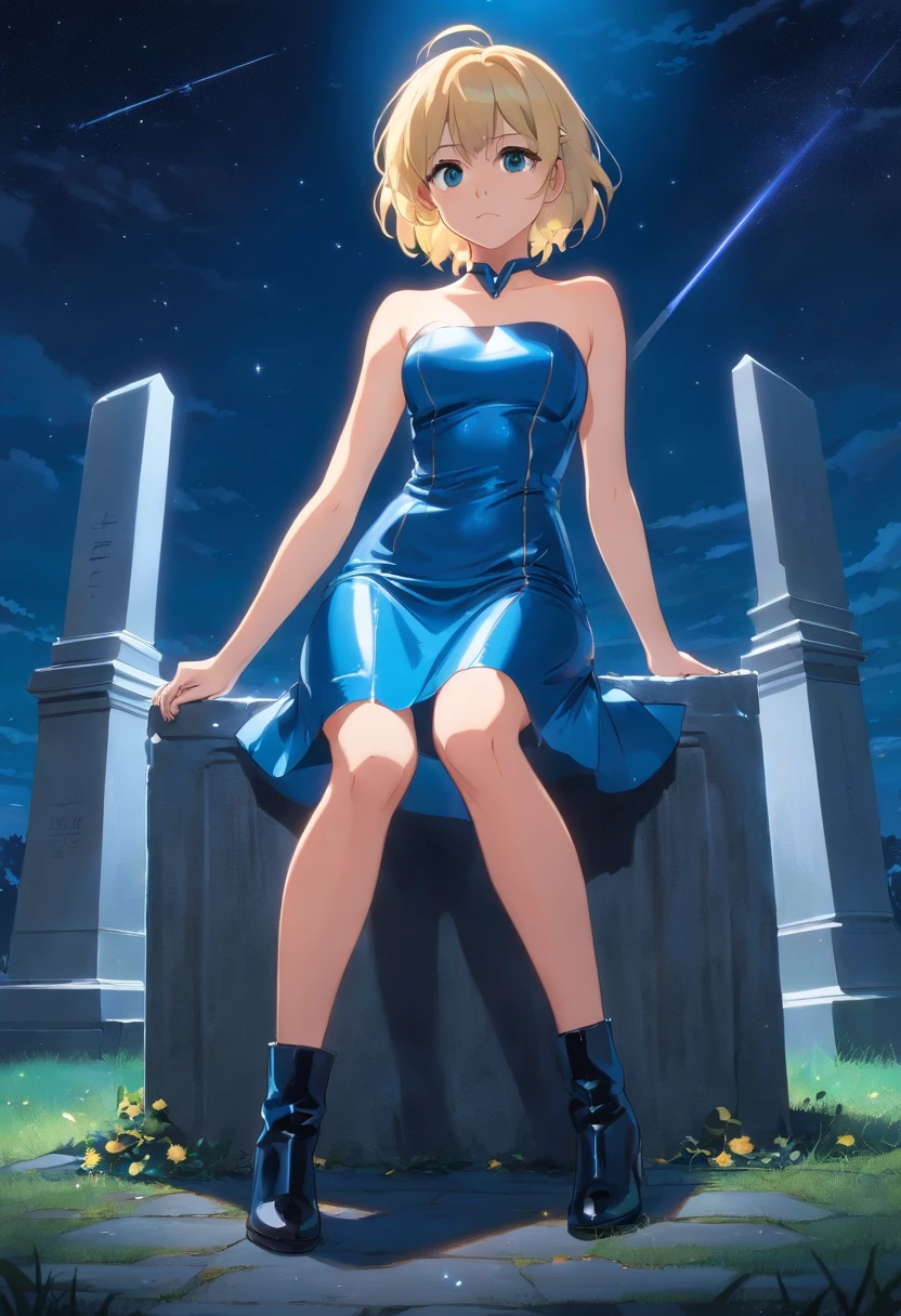 Blonde woman 17 years old, pelo corto, ojos azules, sitting in short strapless blue latex dress, high heeled boots, standing in front of a grave at night with a magic wand in his hand