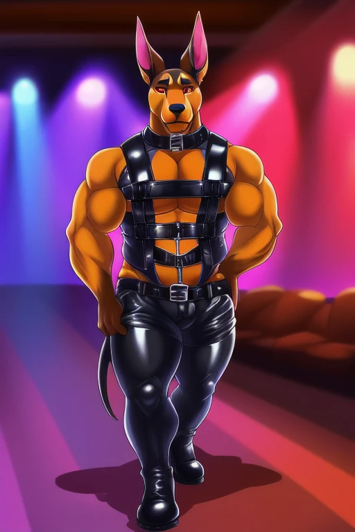 Bara Furry, Roidgutted, anthropomorphic black bear, porn mustache, buzzcut, older male, leather daddy, big bulge, wearing black leather chest harness, hairy chest, suckable nips, shirtless, happy trail, wearing black leather chaps, wearing black leather boots, wearing black leather gloves, at the beach, on stage, flexing, Mr. Leather Convention, 