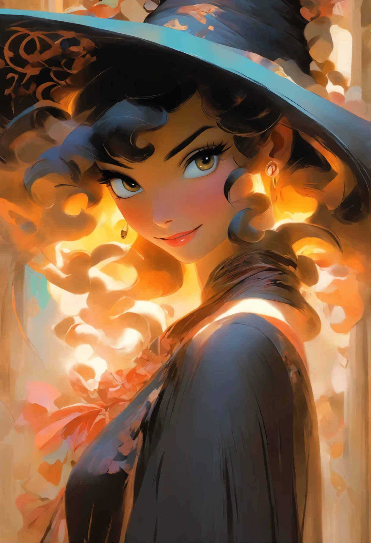 Una chica con un vestido negro y un sombrero de bruja, su cabello largo liso color negro, Looking back with a smile, De pie sobre un fondo blanco. His black eyes are the highlight of the artwork., with beautiful and detailed eyelashes. The artwork is an illustration., created with the utmost attention to detail, ensuring the best quality and ultra detailed representation. The girl's suit is from the series. "maitetsu". The artwork presents a sense of elegance and sophistication., Capturing the girl's elegant posture and capturing the viewer's attention.. El vestido negro destaca sobre el fondo blanco., creando un contraste visualmente sorprendente. The girl's witch hat adds a touch of mystery and appeal to her appearance.. The lighting of the artwork is soft and gentle., highlighting the girl's features and creating a subtle play of light and shadow. The color palette is carefully chosen to enhance the overall atmosphere and convey a sense of sophistication and beauty.. The artwork radiates a sense of realism and photorealism., making the girl come to life on the canvas. The attention to detail in this work of art is undeniable., with every aspect meticulously rendered to perfection. From the intricate details of the girl's eyes and face to the delicate folds of her dress., each element is carefully crafted. La obra de arte es una verdadera obra maestra, mostrando el talento y la habilidad del artista. En general, esta obra de arte captura la esencia de la elegancia y la belleza., ofreciendo una experiencia visual fascinante. Transports the viewer to a world of sophistication., where every detail comes to life with precision and art.