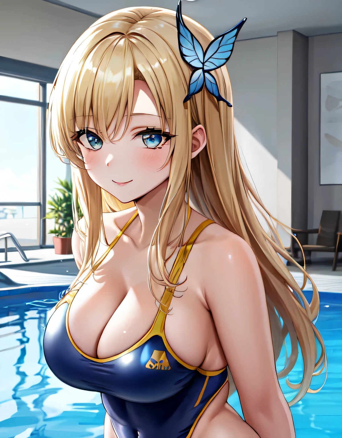 aasena,long hair,hair ornament,(shiny Competition swimsuit),smile,blonde hair,indoor pool,(large breasts:1.5),shiny,hair,((solo)),((masterpiece)),((best quality)),perfect anatomy,slim waist,perfect image,8k UHD,(beautiful detailed eyes:1.5),extremely detailed face,standing,(upper body:1.1),(look at the front:1.1),arms behindback,ultra-detailed,absurdres,highres,(shiny hair),