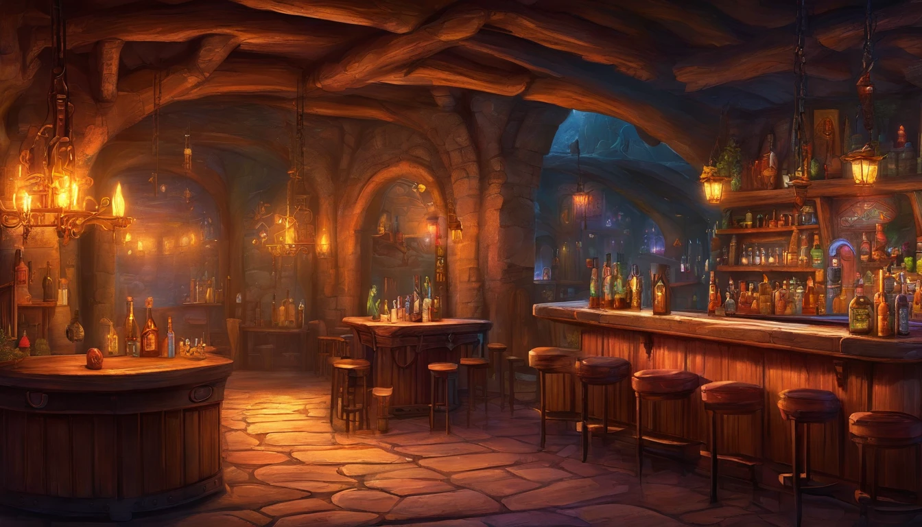 A medieval bar in another world, highly detailed, oil painting, masterpiece, dark cool colors, neon signs, vintage pictures on the wall, Ultra HD, absurd resolution, hyperrealistic, cool neon lighting, lots of stone and wood