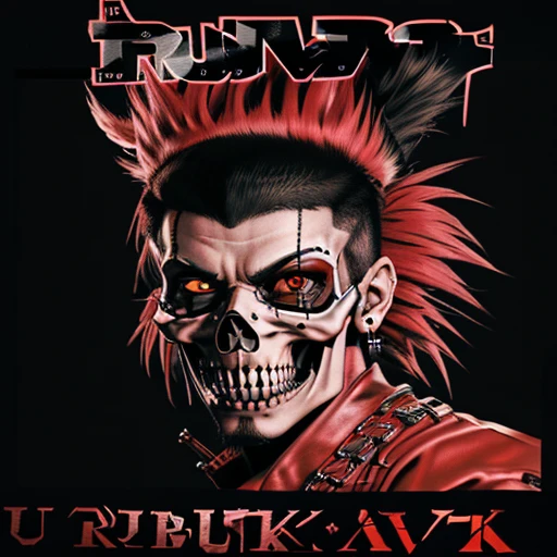 official art, unity 8k wallpaper, ultra detailed, aesthetically pleasing, High quality, masterpiece, best quality, Punk skull with red mohawk, 1man, wide open mouth, detailed teeth, empty eye sockets, black and white graphic style, high contrast, (best quality, 4k, 8k, high resolution, masterpiece:1.2), ultra-detailed, (realistic, photorealistic, photo-realistic:1.37), HDR, UHD, sharp focus, bold lines, (punk, rebellious, aggressive:1.2), cool color tones,