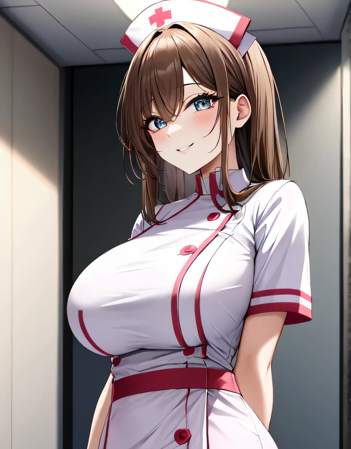 (large breasts:1.5),shiny,hair,((solo)),((masterpiece)),((best quality)),perfect anatomy,slim waist,perfect image,8k UHD,(beautiful detailed eyes:1.5),extremely detailed face,standing,(upper body:1.1),(look at the front:1.1),arms behindback,ultra-detailed,absurdres,highres,(shiny hair),nurse,nurse uniform,indoor,hospital,((sensitive smile)),mini skirt,light brown hair,semi-long hair,bangs,