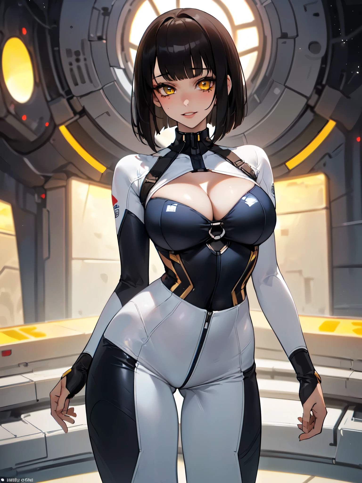 SFW (masterpiece, best quality, 32k) a age girl with medium black hair ((stark black hair, coal black hair, bangs, diagonal bangs, blunt bangs, bob, messy bob, wavy bob)), ((brown eyes, yellow eyes, amber eyes, golden eyes, bright eyes, beautiful eyes, detailed eyes, finely detailed eyes, highly detailed eyes)), ((youthful face, beautiful face, cute face, sexy face)), ((pale skin, white skin, porcelain skin, smooth skin, soft skin)), standing, walking, outside, outdoors, futuristic space station, Sci-Fi space station, space station, space, stars, simple background. ((Futuristic outfit, sci-fi outfit)), ((bodysuit, tight bodysuit, taut bodysuit, cleavage, scoop neck, deep cleavage, tight cleavage, taut cleavage)), ((harness, chest harness, framed breasts, belt harness, thigh harness, back support)), ((huge breasts:1.8, round breasts:1.3, perky breasts:1.3)), ((slim:1.4, lithe:1.4, slender:1.4, thin:1.4, busty:1.2, buxom:1.2, swimmer's body:1.2, supermodel body:1.2, svelte body:1.2, fit body:1.2)), ((round hips, thin waist, waspish waist, slim waist)), ((long legs, slender legs)), small smile ((full lips)), calm expression, content expression, serene expression, happy expression, open eyes, large eyes, expressive eyes, head-to-waist portrait, cinematics, color oil painting, cinematic lighting, ((extremely detailed face)), ((finely detailed face)), Extremely detailed eyes, finely detailed eyes, beautiful face, beautiful eyes, perfect lighting, depth of field, (realistic proportions), (good anatomy), ((solo:1.6)), ((1girl:1.6))