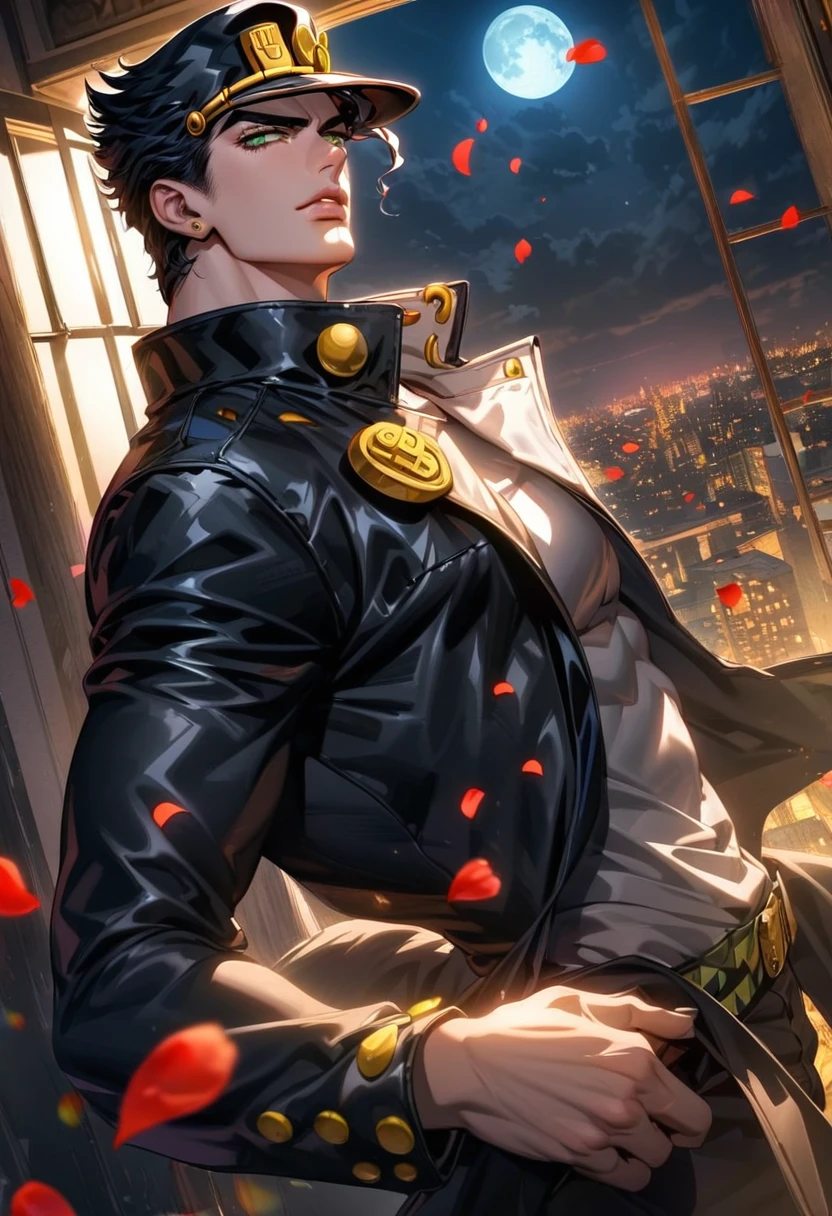 Ultra detailed, Highres, absurdres, HDR, Jotaro Kujoh, black hair, green eyes, black hat, black leather coat, JoJo Bizarre Adventure, 1 man only, moon, window, petals, handsome,