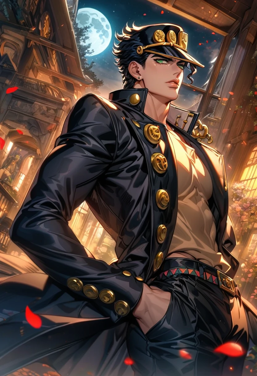 Ultra detailed, Highres, absurdres, HDR, Jotaro Kujoh, black hair, green eyes, black hat, black leather coat, JoJo Bizarre Adventure, 1 man only, moon, window, petals, handsome,