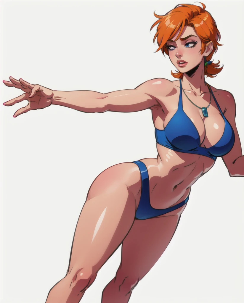 cartoon of a woman in a bikini with a necklace on her neck, digitally colored, character is in her natural pose, she is dancing. realistic, hands behind her body pose!, cell shaded adult animation, inked and colored, realistic shaded perfect body, sexy pudica pose gesture, colored screentone, cel shaded:15, comic digital art, colored lineart