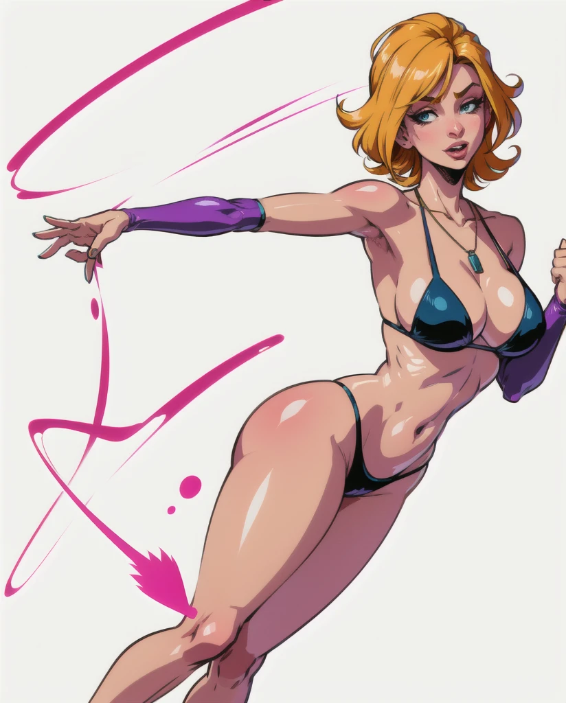 cartoon of a woman in a bikini with a necklace on her neck, digitally colored, character is in her natural pose, she is dancing. realistic, hands behind her body pose!, cell shaded adult animation, inked and colored, realistic shaded perfect body, sexy pudica pose gesture, colored screentone, cel shaded:15, comic digital art, colored lineart