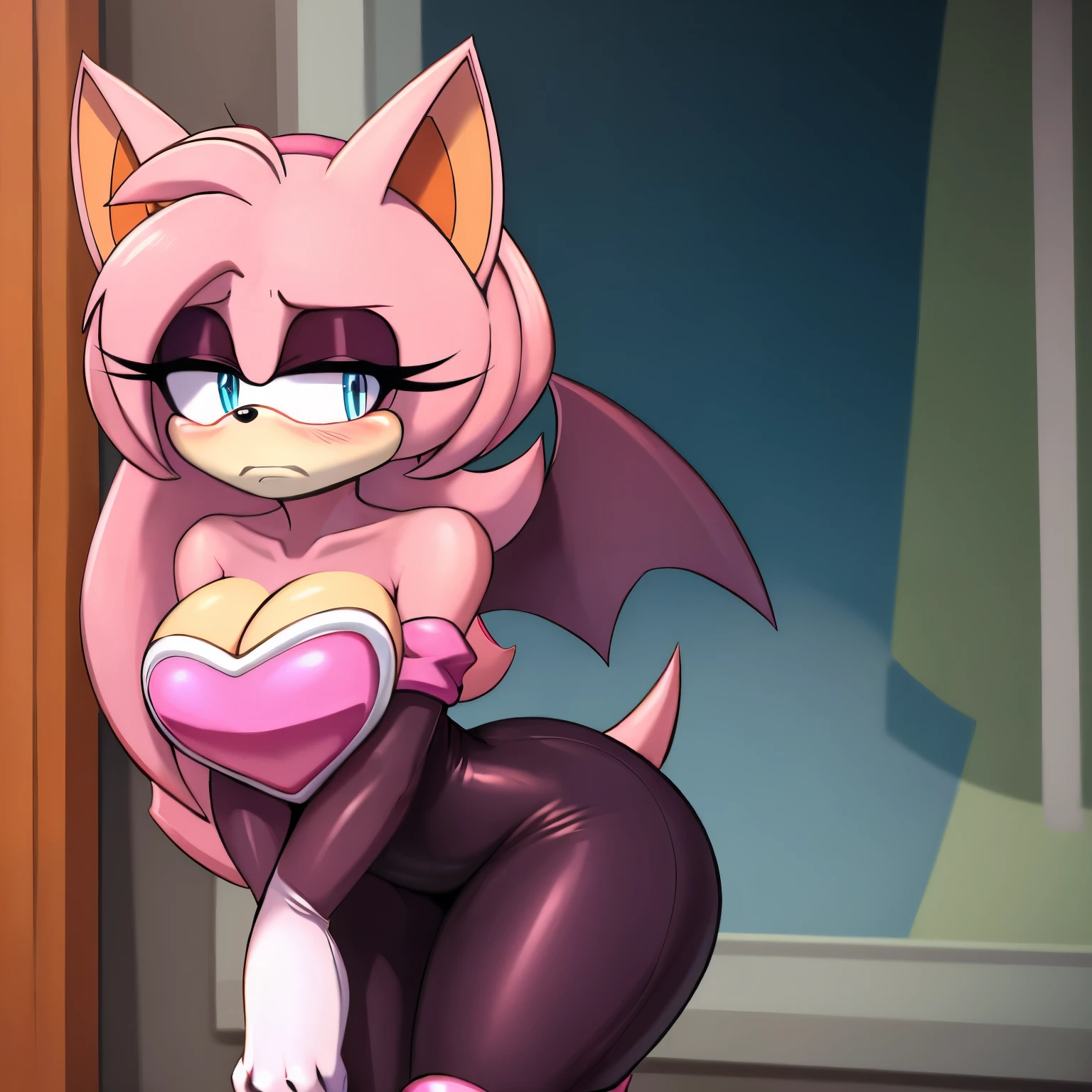 Female, Mobian, Hedgehog, Maroon fur, long hair/quills, breasts, standing, solo, 1girl, blue eyes, masterpiece, best quality, 1girl, solo, average sized breasts, ((looking at viewer)), furry, furry female, sonic the hedgehog \(series\), perfect anatomy, (rouge_the_bat_(cosplay):1), white elbow gloves, bare shoulders, ((masterpiece,best quality)), aarem, hair over one eye, large breasts, cleavage, cowboy shot, house, city view window, motherly figure, (milf sized proportions), some makeup, (((sad and scared))), (embarrassed and confused)