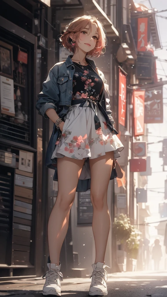 (Highly detailed CG unit 8k wallpaper, masterpiece, High resolution, highest quality, highest qualityのリアルテクスチャスキン), Hands in pockets pose:1.5, Looking up at the sky and smiling, Coral pink asymmetrical short hair, A cool fashion girl influenced by the stark and inorganic fashion, (detailed costume, A maxi-length lace-up layered tight skirt and a long-sleeved denim wide jacket:1.3, White high-cut sneakers), (blurred background, An empty alley in Paris:1.3, Colourful flower beds along the road, cobblestone road), hyper realistic, digital painting, concept art,
