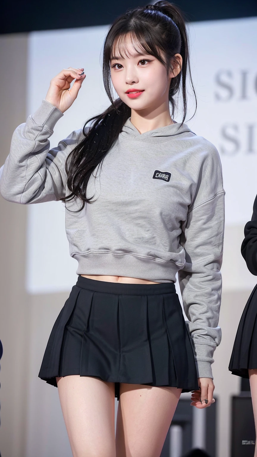 (8K), (highest quality: 1.2), (realistic), (realistic: 1.47), ultra high resolution, 1 girl, cute, smile, closed mouth, (thick lips:1.2),red lip,(Purse your mouth),beautiful details, beautiful nose,sweat on face,(Straight shiny black hair),(With a black ribbon on her head),(ponytail hair),Standing on the concert stage,hold the microphone in your right hand,Bend your elbows and raise your hands,(Grey oversized,Long length,sweatshirt:1.2),(Khaki brown pleated micro mini skirt:1.1),The length of the sweatshirt is long,(The skirt is half covered by the sweatshirt),(Close up on wet thighs:1.2),(knees),(black socks:1.1),(super low angle:1.2),(medium shot),
