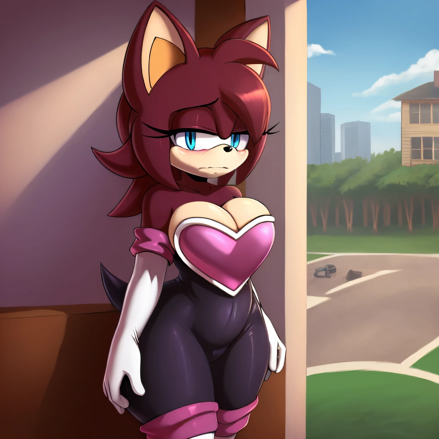 Female, Mobian, Hedgehog, Maroon fur, long hair/quills, breasts, standing, solo, 1girl, blue eyes, masterpiece, best quality, 1girl, solo, average sized breasts, ((looking at viewer)), furry, furry female, sonic the hedgehog \(series\), perfect anatomy, (rouge_the_bat_(cosplay):1), white elbow gloves, bare shoulders, ((masterpiece,best quality)), aarem, hair over one eye, large breasts, cleavage, cowboy shot, house, city view window, motherly figure, (milf sized proportions), some makeup, (((sad and scared))), (embarrassed and confused)