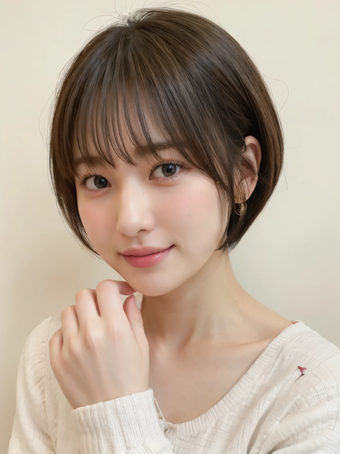 (highest quality、8K、32k、masterpiece、nffsw:1.2)、Photo of beautiful Japan woman in her 30s、very short hair、short hair、shortcut、Upper body、necklace、shot from above、don&#39;t look at the camera、(realistic、Photoreal:1.37)、1 girl、Photographed in natural light、Physically based rendering、excellent image quality、High resolution、1080p、(Detailed facial description)、(Detailed explanation of hands)、(Detailed CG)、Rich details、(exquisite features)、(best image quality)、(masterpiece)、(fine eyes)、delicate clavicle、Various poses、profile、white wall、Taken in front of the white door、(窓のあるwhite wallの部屋)、earrings、laughter、spring clothes、((long sleeve dress))、look down、face down
