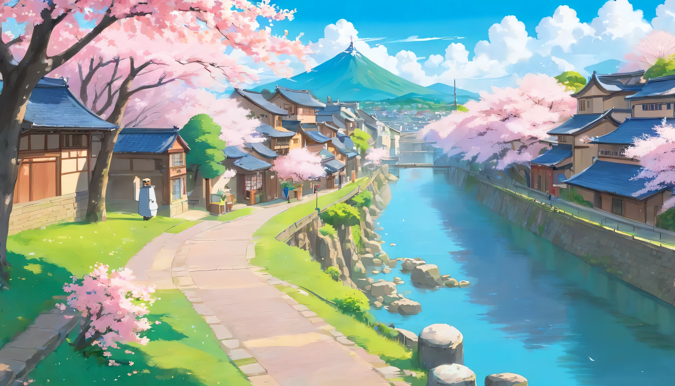 A town of cherry blossoms in full bloom,beautiful blue sky,River side,landscape,No person,masterpiece