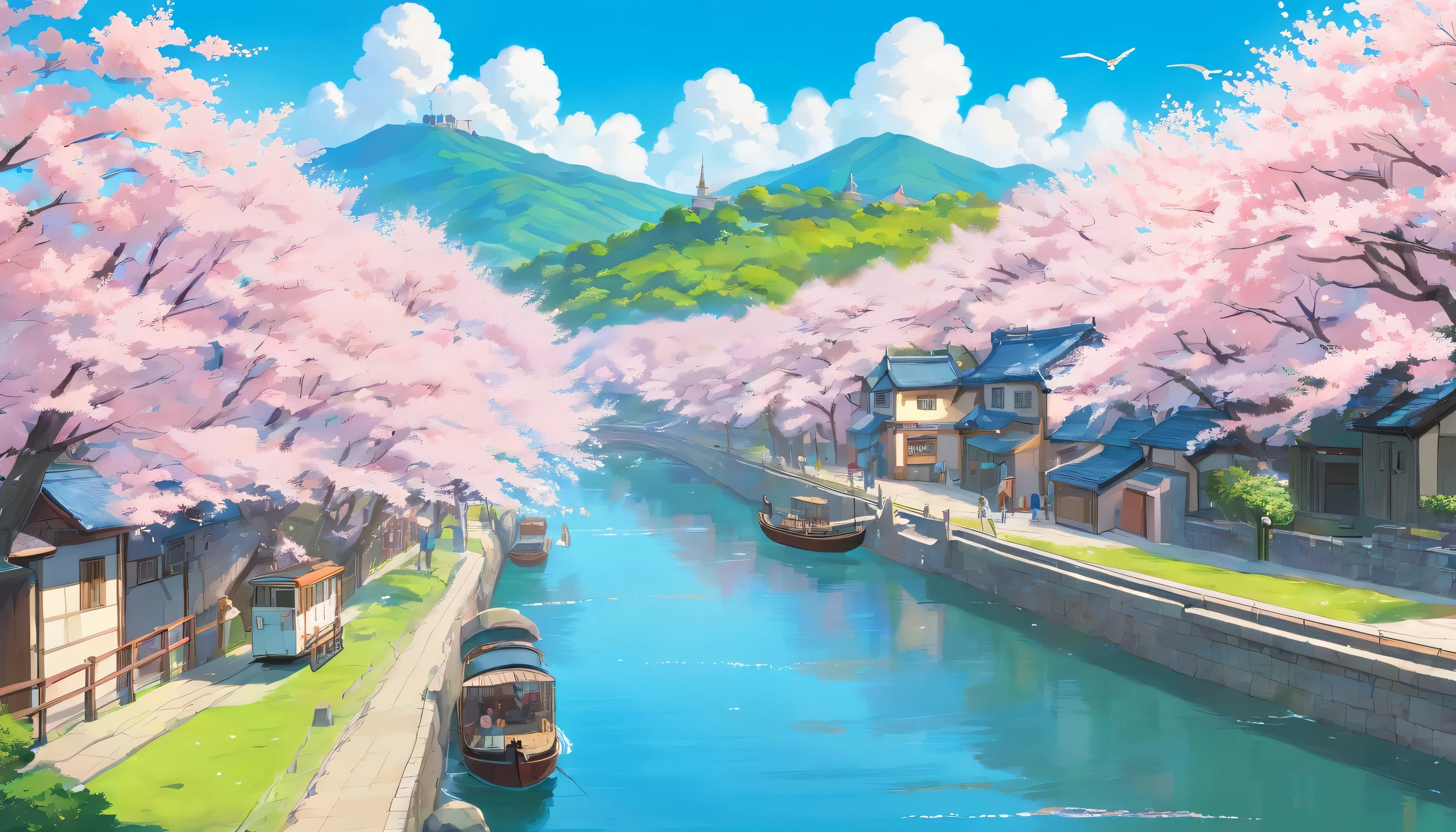 A town of cherry blossoms in full bloom，beautiful blue sky，River side，landscape，No person，masterpiece