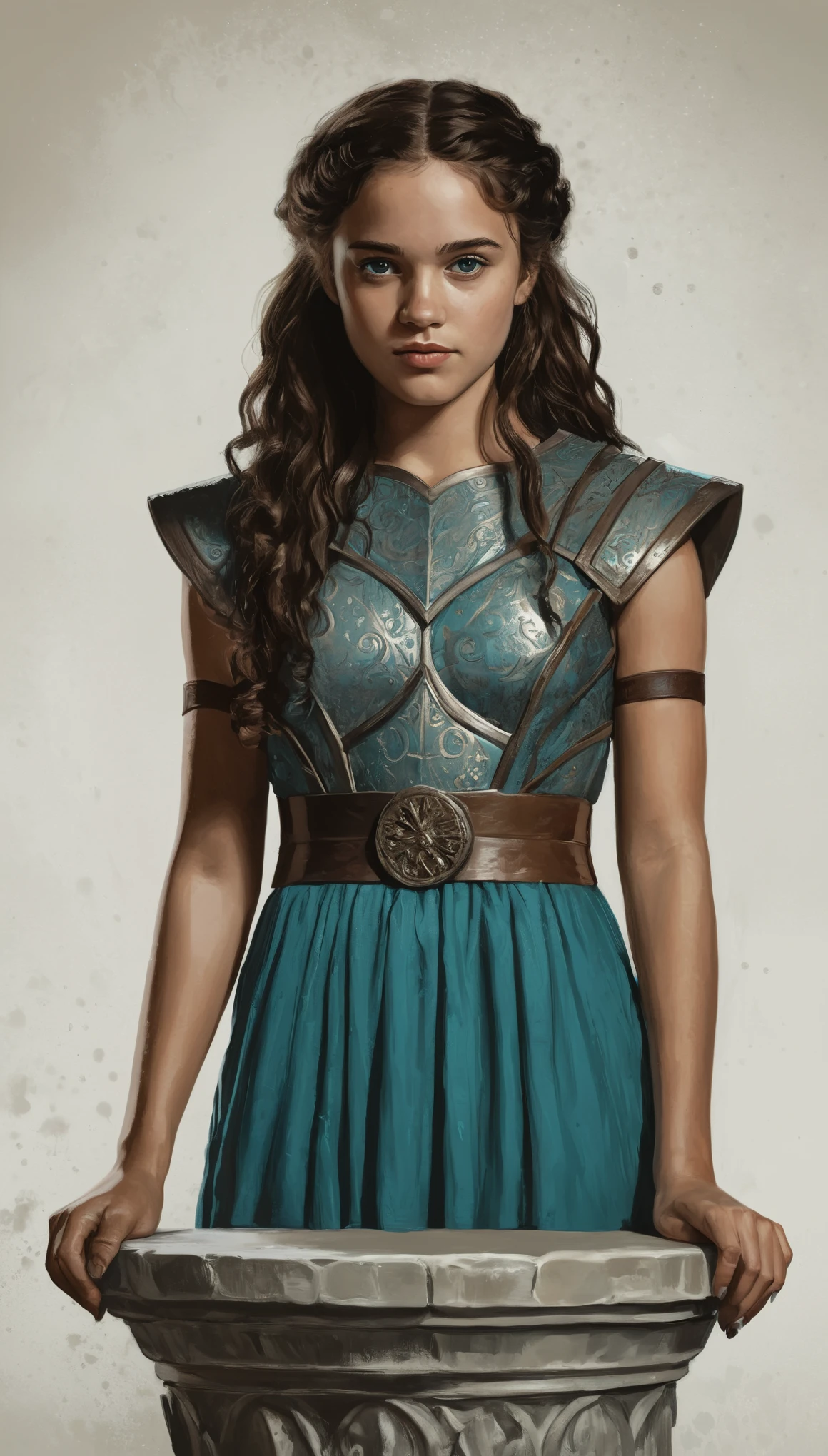 An illustrated movie poster, hand-drawn, full color, a Westerosi teenage girl, wearing a regal chiton, warm brown complexion, freckles, turquoise eyes, dark hair, long loose curls, waist-length hair, posing on a pedestal, hard shadows, graphite shading, stencil marks, airbrushed acrylic paint, masterpiece, in the style of Game of Thrones 