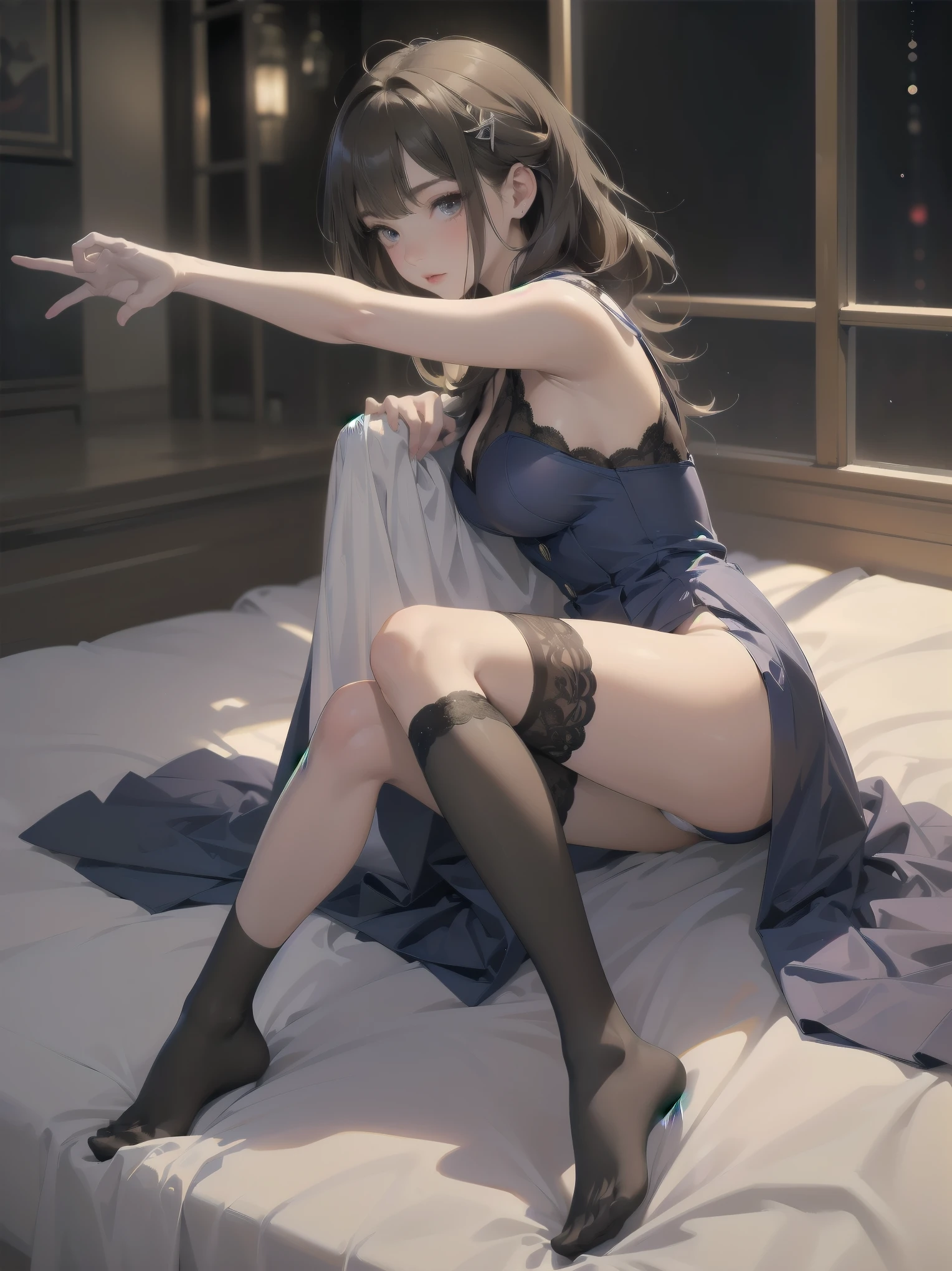 highest quality, masterpiece, Extremely detailed, (full body shot), Front view, symmetry, mature japanese , alone, (alone: 1.3), thin legs, whole body from head to toe, From above, sitting, M-shaped spread legs, look at the viewer: 1.3), small breasts, (Black sheer detail material and shiny tights): 1.2), Underwear made of white silk lace fabric through tights, very beautiful 17 year old girl, I don't have shoes, (blush: 1.3), shy big eyes, (short (brown hairy area), (bangs), messy hair, (hair clip), Lying on white sheets, I'm watching you: 1.3), look at the camera, You can see the white silk lace underwear, white lingerie, high blazer, high white blouse, high blue ribbon, High plaid and navy pleated skirt, break (pose to seduce a man: 1.3), (A charming and talented actress:1.5), (Best lighting by famous artists: 1.2), 8K, ((Guidance on performing captivating poses by famous masters: 1.6)), ((thighs spread from side to side: 1.35)), ((deep い is written in the depth of the world:1.5)),