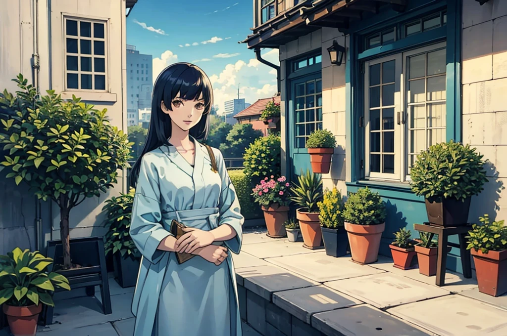 Detailed background, landscape, window, air conditioner, building, Outdoors, Potted plants, concrete, (Illustration:1.0), masutepiece, Best Quality, Potted plants, Cloudy sky, evening, early evening zori, Girl watching viewer, blue shadow