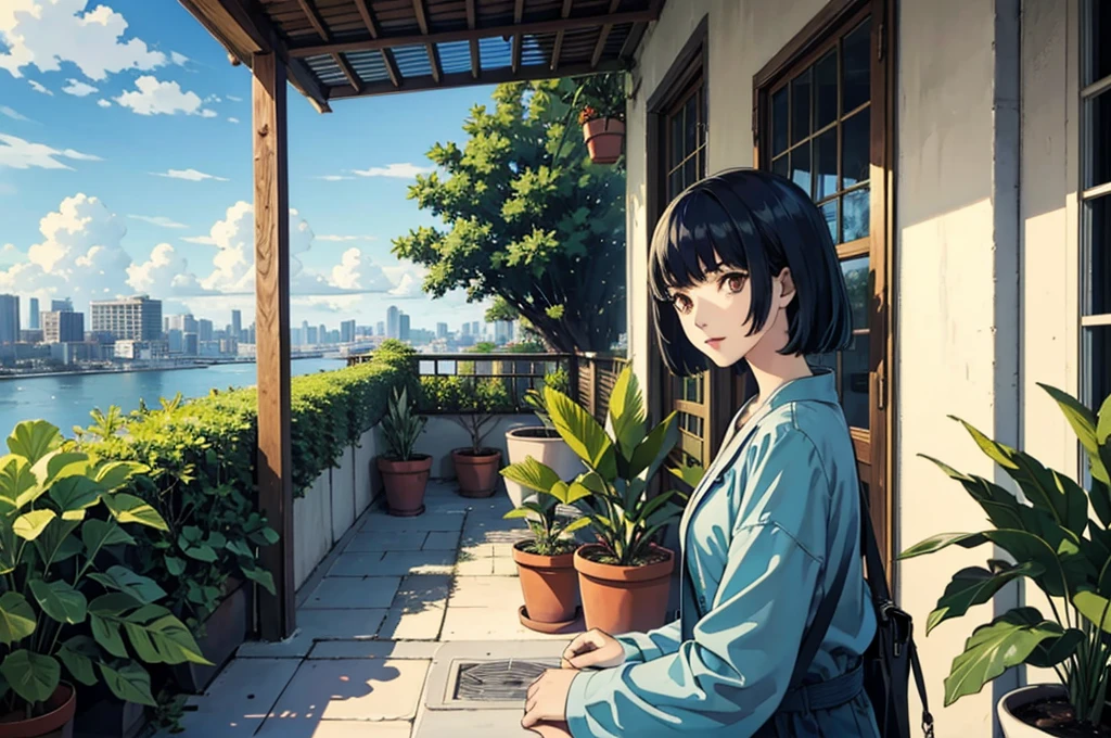 Detailed background, landscape, window, air conditioner, building, Outdoors, Potted plants, concrete, (Illustration:1.0), masutepiece, Best Quality, Potted plants, Cloudy sky, evening, early evening　zori, Girl watching viewer, blue shadow