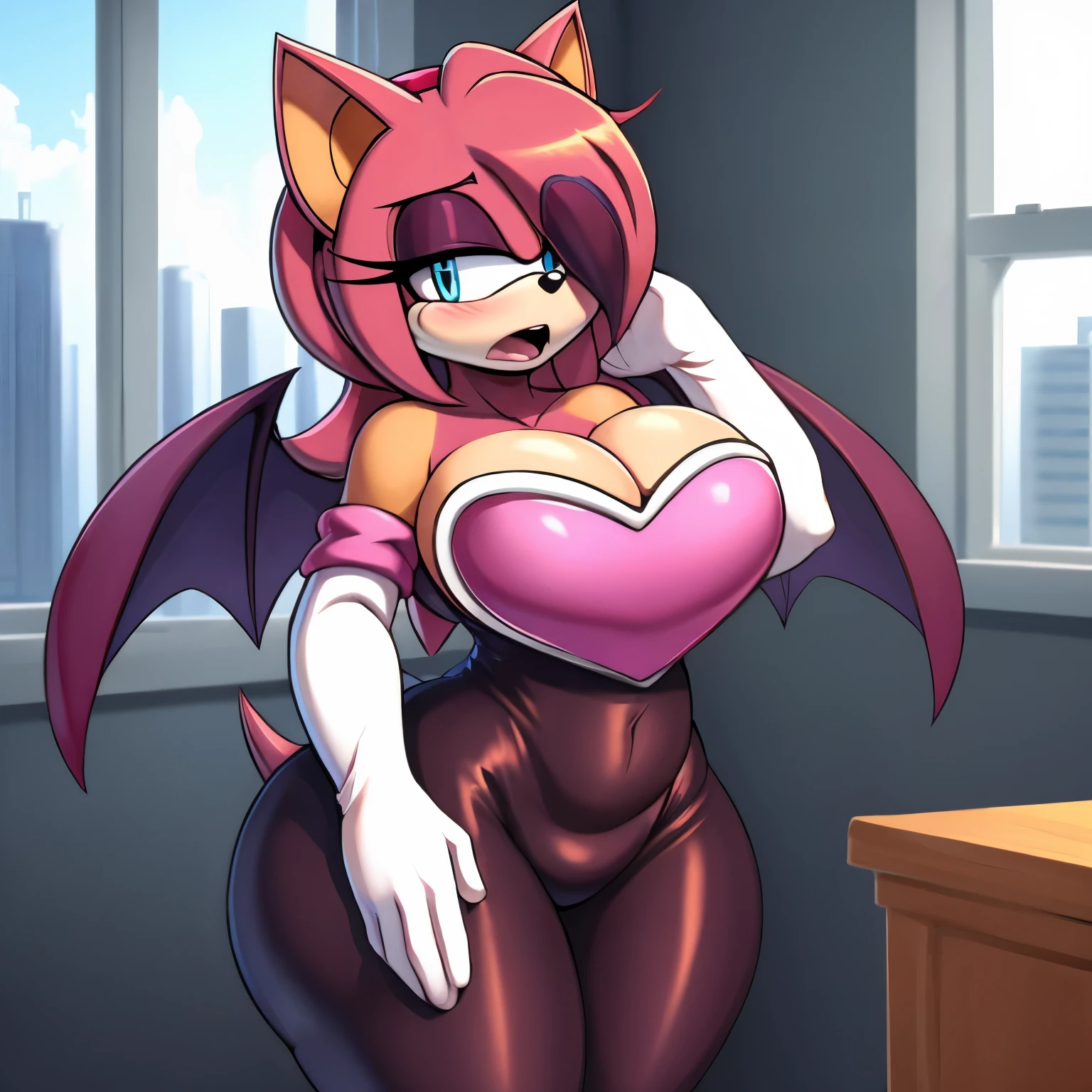 Female, Mobian, Hedgehog, Maroon fur, (long hair/quills), breasts, standing, solo, 1girl, blue eyes, masterpiece, best quality, 1girl, solo, average sized breasts, ((looking at viewer)), furry, furry female, sonic the hedgehog \(series\), perfect anatomy, (rouge_the_bat_(cosplay):1), white elbow gloves, bare shoulders, ((masterpiece,best quality)), aarem, hair over one eye, large breasts, cleavage, cowboy shot, house, city view window, motherly figure, (milf sized proportions), some makeup, (scared), (embarrassed and confused)