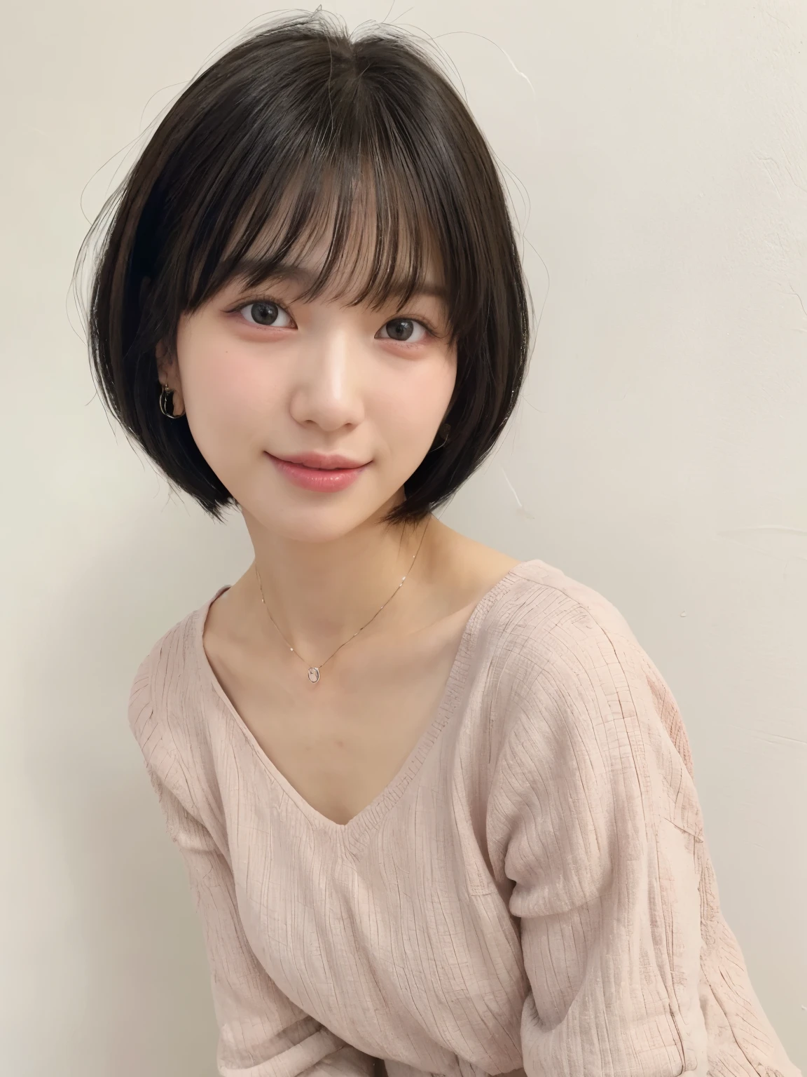 (highest quality、8K、32k、masterpiece、nffsw:1.2)、Photo of beautiful Japan woman in her 30s、very short hair、short hair、shortcut、Upper body、necklace、shot from above、don&#39;t look at the camera、(realistic、Photoreal:1.37)、1 girl、Photographed in natural light、Physically based rendering、excellent image quality、High resolution、1080p、(Detailed facial description)、(Detailed explanation of hands)、(Detailed CG)、Rich details、(exquisite features)、(best image quality)、(masterpiece)、(fine eyes)、delicate clavicle、Various poses、profile、white wall、Taken in front of the white door、(窓のあるwhite wallの部屋)、earrings、laughter、spring clothes、((Black long sleeve dress))、look down、face down